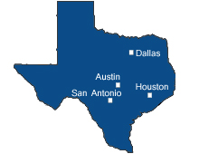 Map of cities we cater valet to. Austin, DFW, Houston, San Antonio.